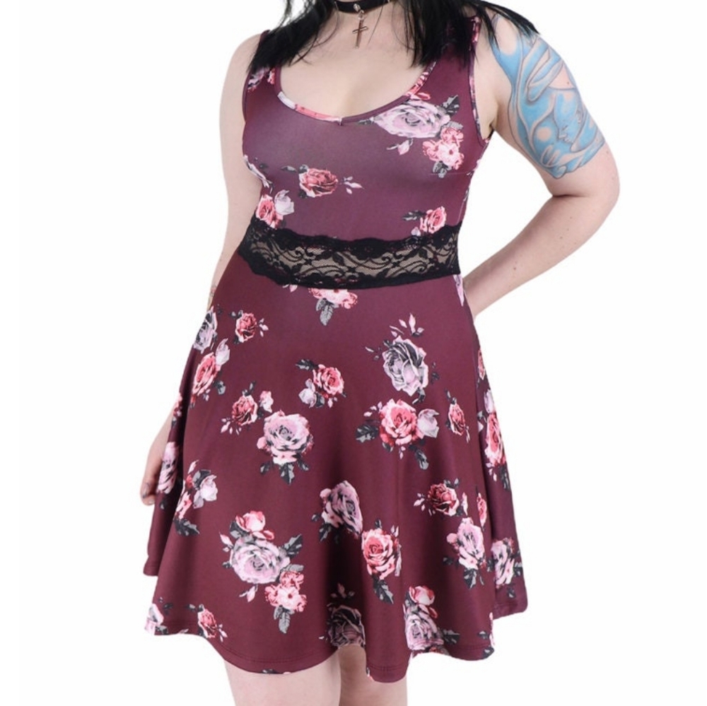 Rue21 Women's Medium Mid Dress Floral Rose V-Neck Lace See-Through Center Maroon